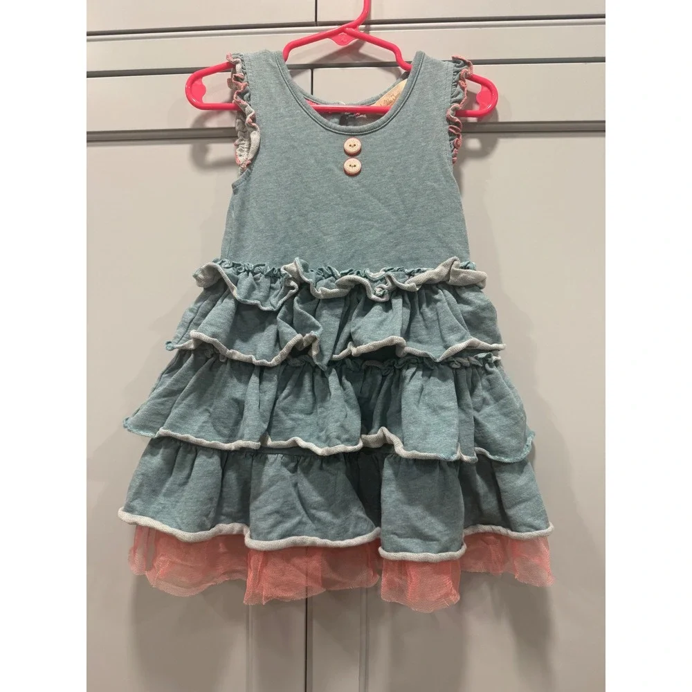 Matilda Jane Girls Blue Tiered Ruffle Dress Coral Tulle 18-24‎ Mos Little Sprite